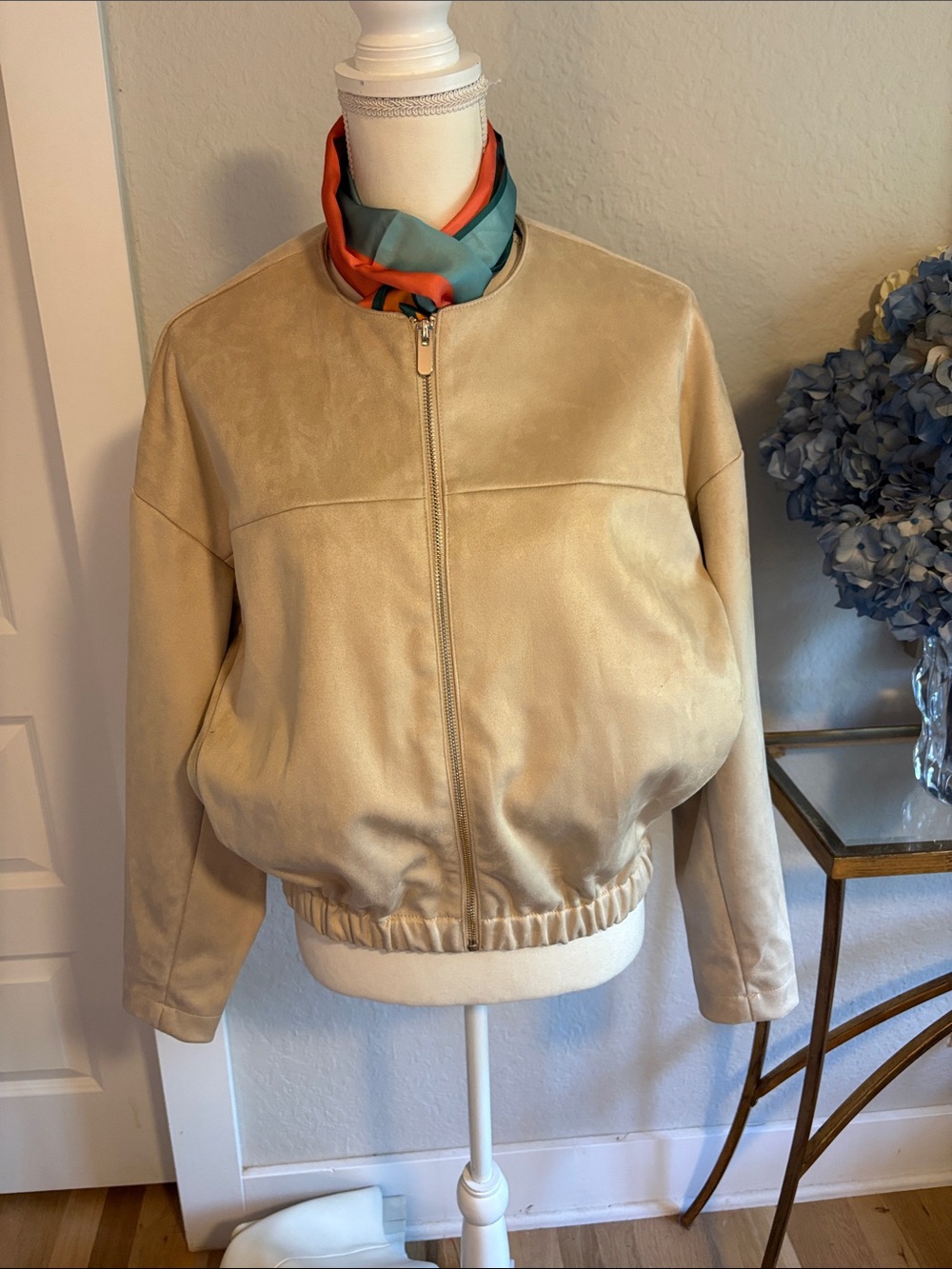 Zara collarless Beige faux Suede Bomber Jacket - Women's Lightweight Zip Front